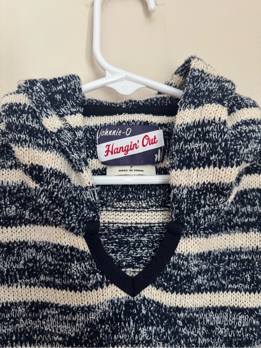 Johnnie-O Boys Navy White Striped Knit Hooded Sweater Pullover Size 7 - Picture 4 of 5